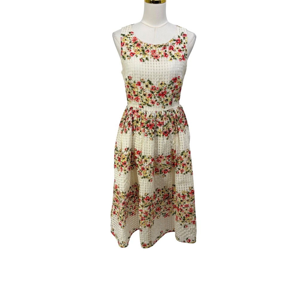 Everleigh Floral Sheer Gingham Midi Dress S Cream Red Poppy Lady Like Brunch